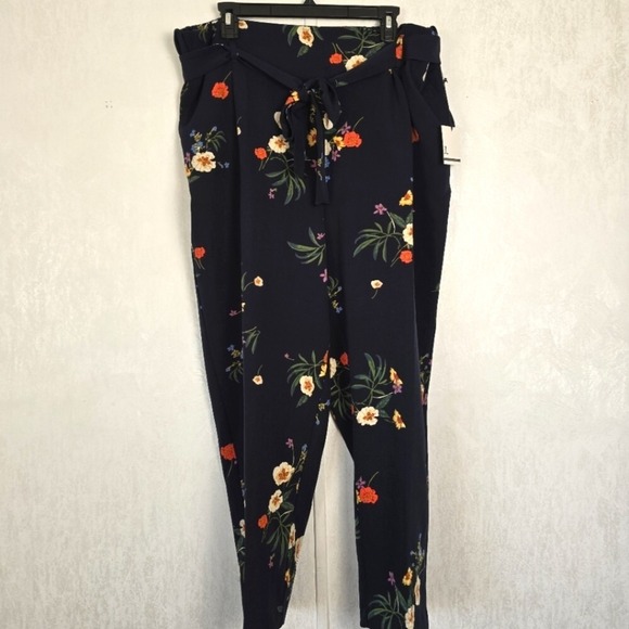 Pants - Jules & Leopold Women's 2X Belted Black Floral Stretchy Pull-On Ankle Pants NWT